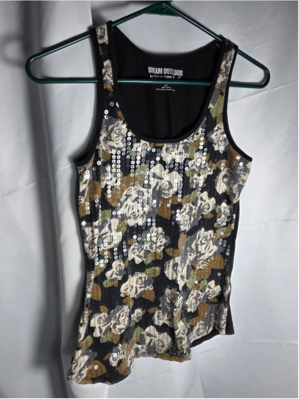 Women's Dream Out Loud Sequin Floral Tank Top Black Beige Size M chic trendy